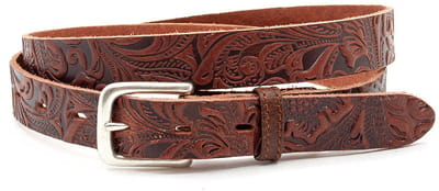 Dames riem rood bruin met Inka print - 2.5 cm breed - Leer - Smalle riem - Stoer - Maat 85