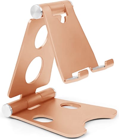 Verstelbare Telefoonhouder bureau | Telefoonstandaard bureau | Opvouwbaar en Verstelbaar | Tabletstandaard met Opberghoes | Smartphone Opvouwbare Houder voor Thuis | Trein | Bureautafel | Tafel | Kabelmanagement | L82 * B72 * H100 mm - Goud LB470