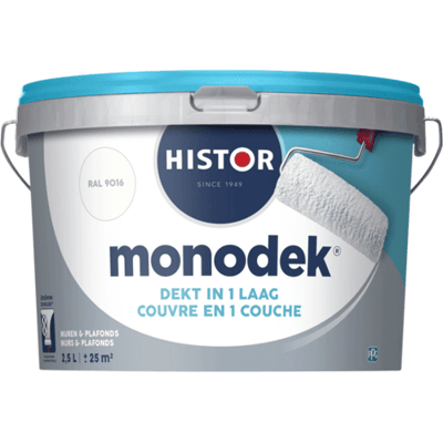 Histor Monodek – Muurverf Binnen Mat – Dekt in 1 Laag – Afwasbaar – Geurarm en Oplosmiddelvrij – Met Ultra Dense Technology voor Extra Dekkracht – Voor Binnen – RAL 9016 – 2,5L