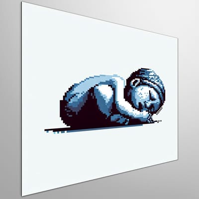 Pixel art huilend kind schilderij | Huilend kind in digitale tranen: een kunstzinnige pixelverbeelding | Kunst - 50x50 centimeter op Dibond | Foto op Dibond