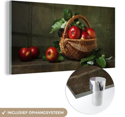 MuchoWow® Glasschilderij 120x60 cm - Schilderij acrylglas - Rustiek - Appel - Fruit - Rood - Mand - Stilleven - Foto op glas - Schilderijen