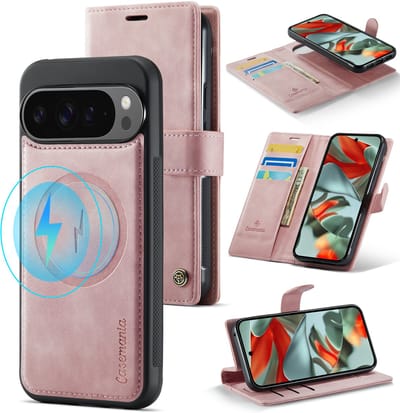 Casemania Hoesje Geschikt voor Google Pixel 10 Pro - Pale Pink - 2 in 1 Magnetische Book Case met Uitneembare Back Cover - Geschikt voor Qi2 en MagSafe - Telefoonhoesje met Pasjeshouder - Roze