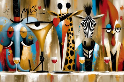 John Joseb Art (Aluminium) 120x80 | Gekke grappige dieren aan tafel, wijn drinken, humor, Joan Miro stijl, abstract, kunst, dier, zebra, olifant, giraffe, kip, haan, rood, bruin, blauw, modern | foto-schilderij op dibond, metaal wanddecoratie
