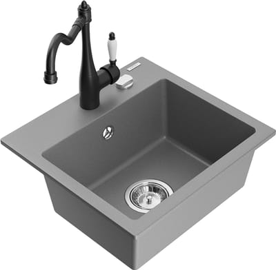 Mexen Milo granieten spoelbak 1-komoriig met keukenmengkraan Carla, grijs - 6505-71-670700-70