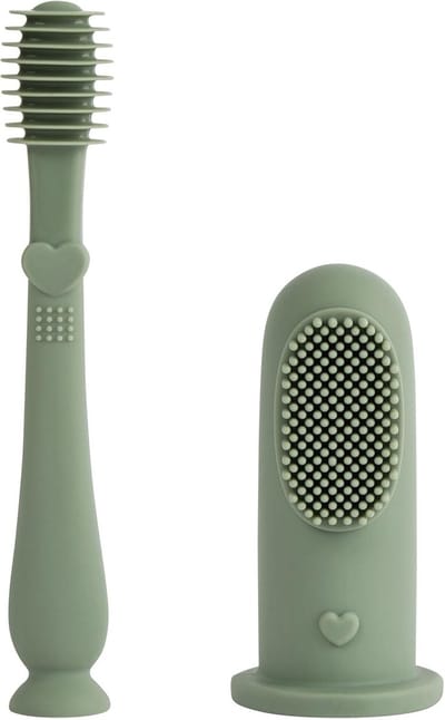 Baby Silicone Vinger Tandenborstel en Mondreiniger Kit, Zachte Tandvlees Massageborstel voor Teething en Mondverzorging - Grijs Groen, Veilig en Effectief voor Baby's