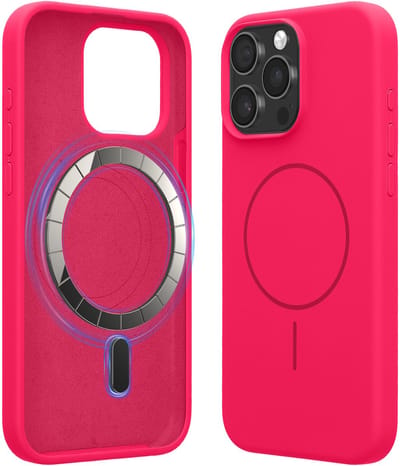 kwmobile Telefoonhoesje voor Apple iPhone 15 Pro Max - Hoes met siliconen randen en magnetische achterkant compatibel met MagSafe, in neon roze