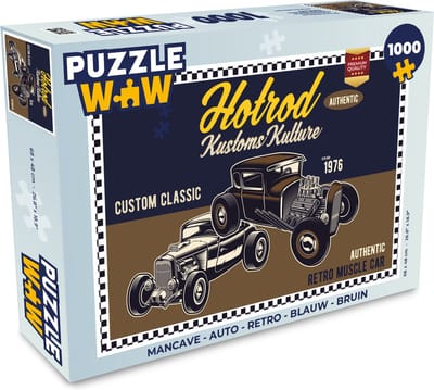 Puzzel Mancave - Auto - Retro - Blauw - Bruin - Legpuzzel - Puzzel 1000 stukjes volwassenen