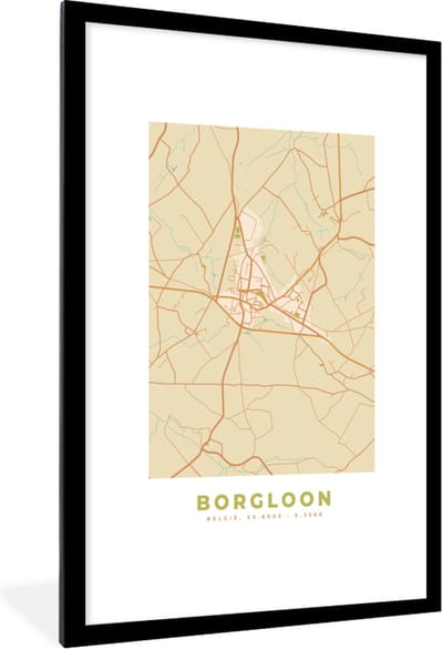 Fotolijst incl. Poster - Kaart - Borgloon - Stadskaart - Vintage - Plattegrond - 80x120 cm - Posterlijst