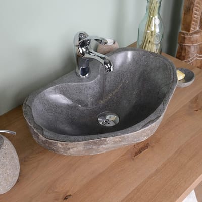 Ovale natuursteen wastafel 52x35 cm opzetwastafel met kraangat en pop-up afvoer riviersteen badkamer wastafel handwasbak rustiek design | Vermissen