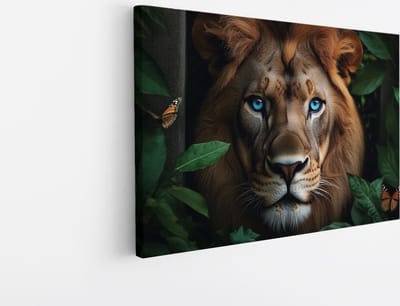Saammp Canvas Schilderij - Leeuw met blauwe ogen en bladeren - Dieren - Abstract - 45x30 - Foto op canvas - Wanddecoratie - Muurdecoratie Woonkamer - Slaapkamer decoratie - Canvas Print