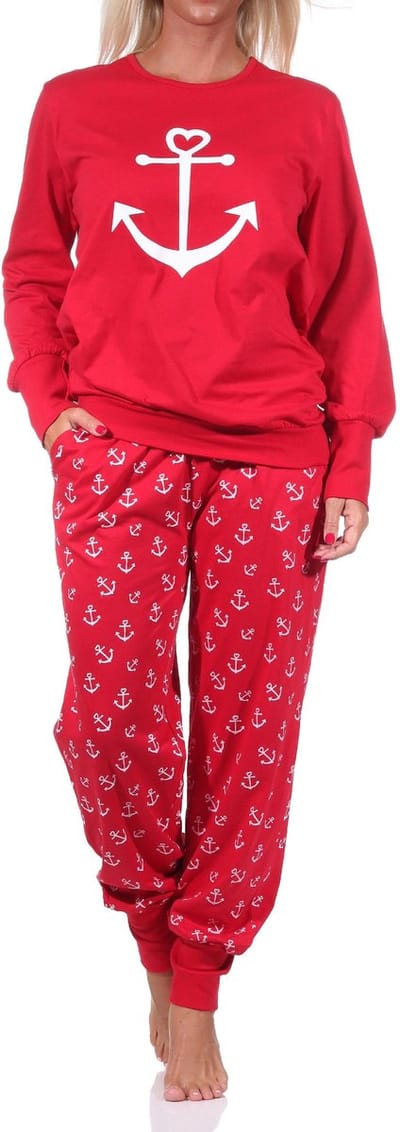 Damespyjama met manchetten in maritieme look met ankermotief -212 90 910