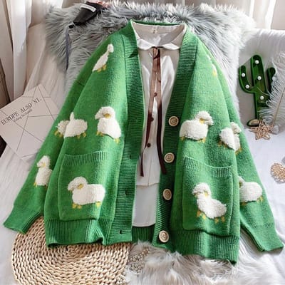 Herfst Winter Gebreid Damesvest Losse Streetwear Gebreide Trui Jas Schattige Cartoon Print V-Hals gebreid vest Damesjas one size