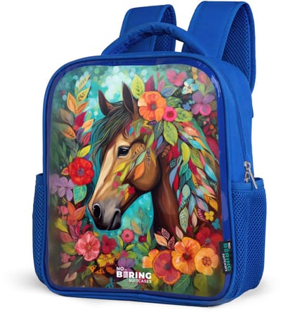 NoBoringSuitcases.com® - Rugzak blauw - Schooltas jongens - Paard - Bloemen - Bladeren - Kleurexplosie - Kinder rugtas jongen - Boekentas kind - Kinderrugzak voor school - Schoolrugzak