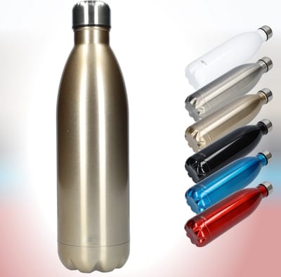 FBFS152, Thermosfles, Drinkfles, Waterfles - 1 liter - Thermos fles voor de warme en koude dagen - Dubbelwandig - Thermosbeker Koffie, thee en Koele dranken - Water fles voor onderweg - Light Gold - Lichtgoud