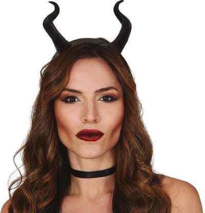Horror haarband met grote hoorntjes voor dames - Zwart - Duivel hoorns diadeem - Halloween verkleed accessoires