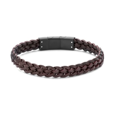 Frank 1967 7FB-0850 Heren Leren Armband - Gevlochten Bruin Leer - IP Black Roestvrij Staal