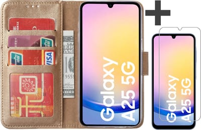 Hoesje met Screenprotector Geschikt voor Samsung Galaxy A25 – Arara bookcase met pasjeshouder - Goud