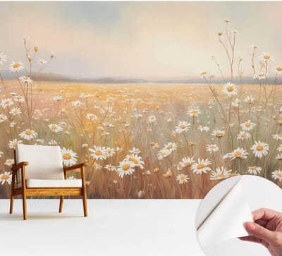 Wallfluent Zelfklevend Behang - Bloemenweide Zelfklevend fotobehang - 312x250 cm - Wit Zelfklevend Behang - Peel-and-stick techniek - Voor de slaapkamer, woonkamer en hal Zelfklevend Behang