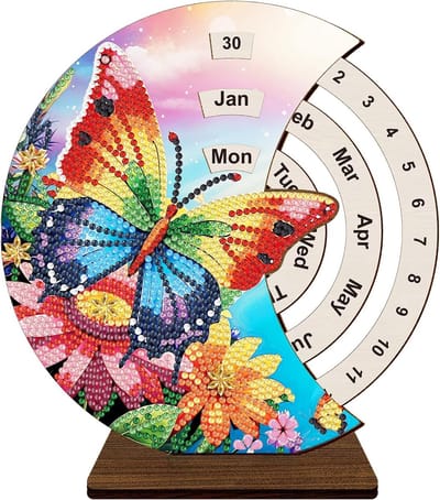 Kalender 2026 - Diamond Painting Kalender - Draaikalender - Houten - Handmatig roterende kalender - Bureaudecoratie - DIY Diamond Painting Kalender - Woondecoratie - Vlinderontwerp - Geschikt voor Woonkamer - Kantoor - Klaslokaal - 18*19cm