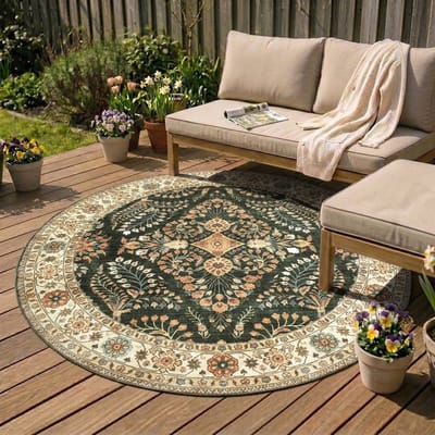 Fraai Rond vintage buitenkleed - Santo Flora Donkergroen - Ø 100cm