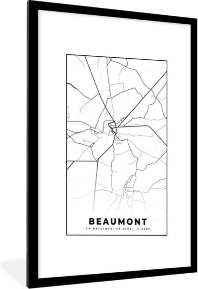 Fotolijst incl. Poster Zwart Wit- België – Beaumont – Stadskaart – Kaart – Zwart Wit – Plattegrond - 60x90 cm - Posterlijst
