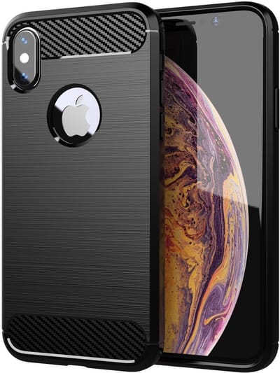 Cadorabo Hoesje geschikt voor Apple iPhone X / XS in Brushed Zwart - Beschermhoes van flexibel TPU siliconen in roestvrij staal-carbonvezel look Case Cover