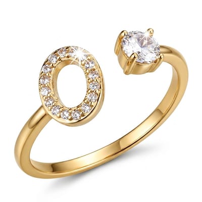 Goudkleurige witkleurige ring dames met initiaal O en ronde steen – open ring verstelbaar letter ring met strass details en zirkonia look