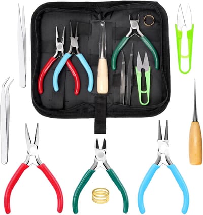 9 stuks 4.5 Inch Sieraden Maken Assortimenten Kit, 3 Soorten Sieraden Tangen Naald Neus Tang Ronde Neus Tang Draadsnijders, met Priem, Pincet, Vingerring, Schaar, Sieraden Maken Benodigdheden