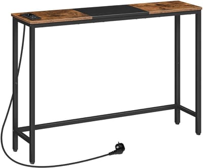 TRANKIELO® – Vintage Industriële Consoletafel met Ingebouwd Laadstation – Smalle Tafel voor Woonkamer, Hal, Achter Bank – Stijlvol Zwart en Bruin Design