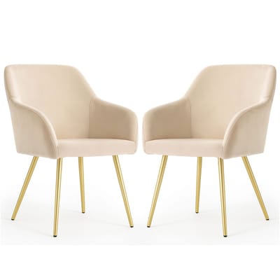 Set van 2 Eetkamerstoelen ESTELLE met Armleuningen / Gestoffeerde Stoelen / Fluwelen Stoelen en Metalen Poten / Beige met gouden benen