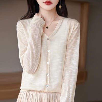 Katoenen cardigan met bamboeknoop V-hals voor dames voor de zomer Trui Dun Los en Veelzijdig Zonbescherming Eenvoudig en Sfeervol Topjasje M gray