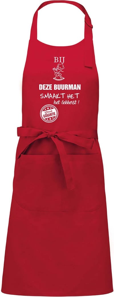 Cadeauschort - tekstschort - Keukenschort - BBQ schort - verjaardag - vaderdag - het smaakt het lekkerst bij deze Buurman - rood