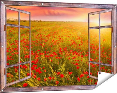 Gards Tuinposter Doorkijk Rode Klaproos Bloemenveld - Zonsondergang - 120x80 cm - Tuindoek - Tuindecoratie - Wanddecoratie buiten - Tuinschilderij