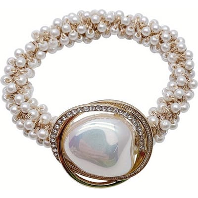 Chouchou à perles simulées, Adorable chignonnière, Accessoire de cheveux classique à perles, Parfait pour les queues de cheval et autres ornements de cheveux.