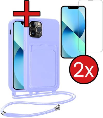 Hoesje Geschikt voor iPhone 13 Pro Hoesje Met Telefoonkoord en Pasjeshouder Met 2x Screenprotector Siliconen - Hoes Geschikt voor iPhone 13 Pro Hoesje Met Kaarthouder Case - Lila