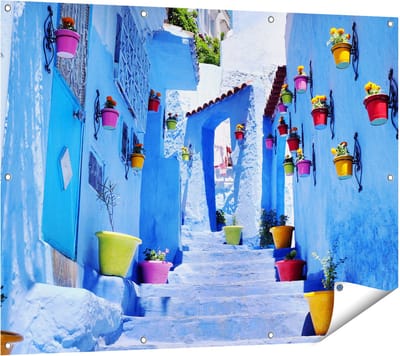 Gards Tuinposter Blauwe Huizen met Bloempotten in Chefchaouen, Marokko - 120x90 cm - Tuindoek - Tuindecoratie - Wanddecoratie buiten - Tuinschilderij