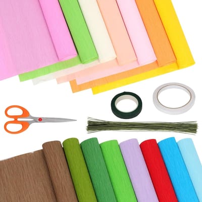 15 kleuren brede crêpepapier rollen kit voor doe-het-zelf bloemen maken, inclusief 15 rollen crêpepapier, bloemendraad, tapes en schaar voor creatief knutselen
