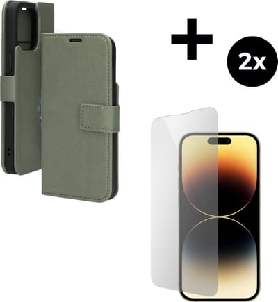 Mobiparts Classic Wallet hoesje geschikt voor Apple iPhone 14 Pro Max met 2 Screenprotectors van Gehard Glas - Groen