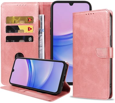 Geschikt voor Samsung Galaxy A15 Telefoonhoesje Kunstleer met Magnetisch lipje en Pasjeshouder Book Case met Klepje - Roze - Smartphonica geschikt voor Samsung Galaxy A15
