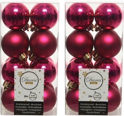 Decoris kleine kerstballen - 32x st - bessen roze - 4 cm - kunststof - kerstversiering