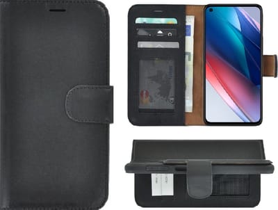 Hoesje Geschikt voor Oppo Find X3 Lite - Bookcase - Oppo Find X3 Lite Wallet Book Case Echt Leer Zwart Cover