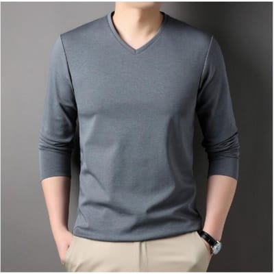 T-shirt met V-hals Heren Lente Nieuw Lange mouw Effen Kleur Pullover Pasvorm Casual Onderhemd voor Heren 3XL