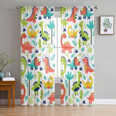 Schattige Dinosaurussen Voor Kinderen Print Transparante Gordijnen voor Woonkamer Transparant Tule Raamgordijn Slaapkamer Keuken Sluier Draperieën 135W x 114H(cm) blue