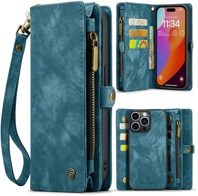Geschikt Voor iPhone 14 Pro Hoesje - Solidenz Wallet Case 14 Pro - Telefoonhoesje 14 Pro - 14 Pro Case Met Pasjeshouder - Met Ritsvak - Met Polskoord - Portemonee Hoes - Blauw