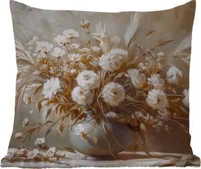 Buitenkussen - Bloemen - Vaas - Stilleven - Beige - 45x45 cm - Weerbestendig