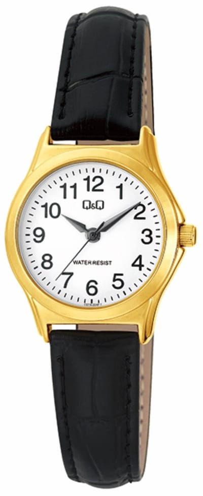 Q&Q C07A-004PY - Horloge - Analoog - Vrouwen - Dames - Leren band - Rond - Metaal - Cijfers - Zwart - Goudkleurig - Wit
