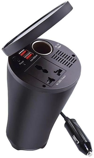 150W Auto Omvormer Bekerhouder – 12V naar 220V – Met Stopcontact, 4.8A Dubbele USB Oplaadpoorten & Sigarettenaansteker – Universele Auto Adapter voor Laptop, Camera, MacBook, Koelkast