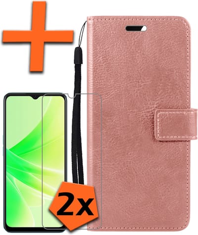 Hoes - Met 2x Screenprotector - Geschikt voor OPPO A17 - Luxe Pasjeshouder - Bookcase Portemonee - Flip Case - Kunstleer Book Case - Flipcase Hoes - Book Cover - Walletcase - PortemonneeHoes - Rosé goud