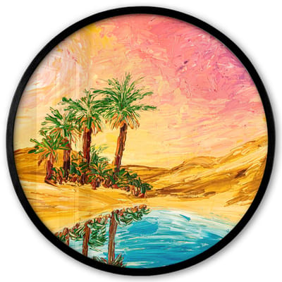 Poster in lijst Rond - Fotolijst 40x40 cm - Posters - Schilderij - Olieverf - Palmboom - Natuur - Water - Ronde posterlijst zwart - Decoratie - Wanddecoratie woonkamer - Muurdecoratie slaapkamer