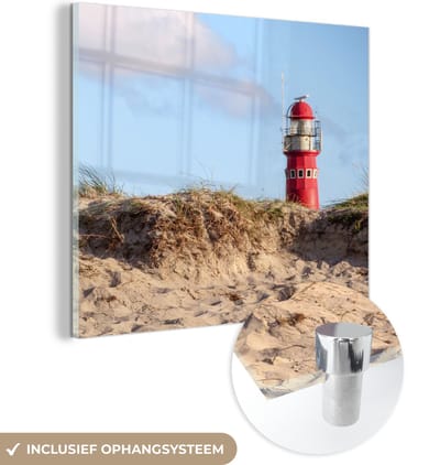 MuchoWow® Glasschilderij 20x20 cm - Schilderij acrylglas - Strand - Vuurtoren - Duin - Foto op glas - Muurdecoratie woonkamer - Wanddecoratie slaapkamer - Schilderijen